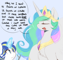 Size: 3667x3478 | Tagged: safe, artist:papilrux, princess celestia, oc, alicorn, pony, unicorn, g4, crown, dialogue, duo, eyes closed, female, glowing, glowing horn, high res, horn, implied drug use, jewelry, levitation, magic, magic aura, mare, master chief and luna hanging out, meme, open mouth, peytral, regalia, speech bubble, telekinesis