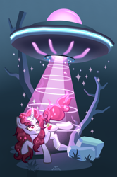 Size: 2607x3931 | Tagged: safe, artist:redjester, oc, oc only, pony, unicorn, abduction, hooves up, horn, solo, tree, ufo, vector