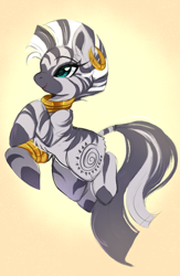 Size: 2674x4096 | Tagged: safe, artist:papilrux, zecora, zebra, g4, chest fluff, ear fluff, ear piercing, earring, female, gradient background, high res, jewelry, mare, necklace, open mouth, open smile, piercing, raised hoof, raised leg, smiling, solo, yellow background