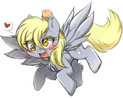 Size: 4804x3824 | Tagged: safe, artist:papilrux, derpy hooves, pegasus, pony, g4, absurd resolution, blushing, cute, derp, derpabetes, female, flying, food, heart, mare, muffin, open mouth, pictogram, simple background, solo, speech bubble, spread wings, tail, white background, wings