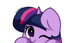 Size: 1555x894 | Tagged: safe, artist:kittyrosie, twilight sparkle, pony, unicorn, g4, blushing, cute, female, horn, looking at you, mare, one eye closed, peeking, signature, simple background, smiling, smiling at you, solo, transparent background, twiabetes, unicorn twilight, wallpaper, wink, winking at you