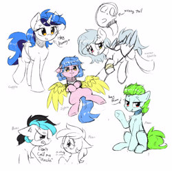 Size: 2800x2800 | Tagged: safe, artist:morningbullet, oc, oc only, oc:boss, oc:cappie, oc:noot, oc:sylvia, oc:winter sporkle, earth pony, ghost, pegasus, pony, undead, unicorn, colored wings, horn, lying down, on back, raised hoof, simple background, sketch, text, white background, wings