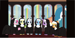 Size: 7445x3777 | Tagged: safe, artist:_ton618_, artist:retroponybro, applejack, fluttershy, pinkie pie, rainbow dash, rarity, twilight sparkle, earth pony, pegasus, pony, unicorn, g4, base used, cloud, horn, inkscape, mane six, nun, nun outfit, rainbow waterfall, vector