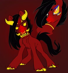 Size: 3832x4096 | Tagged: safe, artist:opalacorn, oc, oc only, demon, demon pony, oni, pony, chest fluff, cloven hooves, colored pupils, gradient background, horns, male, nose piercing, nose ring, oni pony, piercing, solo, stallion, tusk