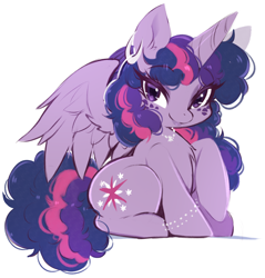 Size: 3468x3624 | Tagged: safe, artist:papilrux, twilight sparkle, alicorn, pony, g4, alternate hairstyle, bracelet, chest fluff, ear fluff, ear piercing, earring, female, high res, horn, jewelry, lidded eyes, looking at you, mare, necklace, partially open wings, piercing, raised hoof, simple background, sitting, smiling, smiling at you, solo, tail, twilight sparkle (alicorn), white background, wings