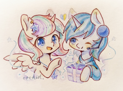 Size: 2708x2000 | Tagged: safe, artist:orchidlanlan738, artist:orchid兰兰, oc, oc only, alicorn, pony, unicorn, alicorn oc, cute, horn, ocbetes, one eye closed, open mouth, open smile, smiling, solo, traditional art, unicorn oc, wings