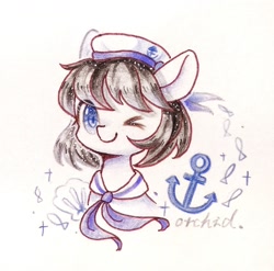 Size: 1856x1834 | Tagged: safe, artist:orchidlanlan738, oc, oc only, fish, pony, bust, clothes, cute, ocbetes, one eye closed, portrait, sailor, sailor uniform, smiling, solo, traditional art, uniform, wink