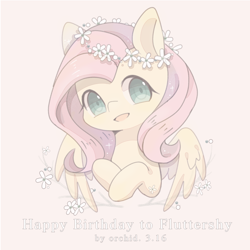 Size: 2000x2000 | Tagged: safe, artist:orchidlanlan738, fluttershy, pegasus, pony, g4, bust, cute, female, floral head wreath, flower, happy birthday, mare, open mouth, open smile, pink mane, shyabetes, smiling, solo, yellow coat