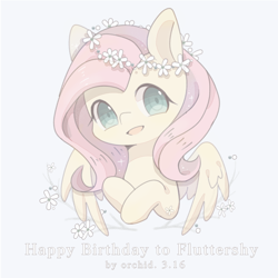 Size: 2000x2000 | Tagged: safe, artist:orchidlanlan738, fluttershy, pegasus, pony, g4, bust, cute, female, floral head wreath, flower, happy birthday, mare, open mouth, open smile, pink mane, shyabetes, smiling, solo, yellow coat