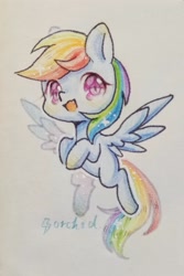 Size: 2000x2998 | Tagged: safe, artist:orchidlanlan738, rainbow dash, pegasus, pony, g4, chibi, cute, dashabetes, flying, full body, open mouth, open smile, smiling, solo, traditional art