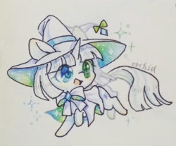 Size: 2418x2000 | Tagged: safe, artist:orchidlanlan738, oc, oc only, pony, unicorn, chibi, cute, hat, horn, ocbetes, open mouth, open smile, smiling, solo, traditional art, unicorn oc, witch, witch hat