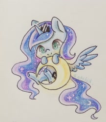 Size: 2000x2307 | Tagged: safe, artist:orchidlanlan738, princess luna, alicorn, pony, g4, chibi, cute, lunabetes, moon, smiling, solo, traditional art