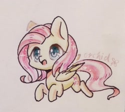 Size: 2210x1993 | Tagged: safe, artist:orchidlanlan738, fluttershy, pegasus, pony, g4, cute, open mouth, open smile, pink mane, shyabetes, smiling, solo, traditional art, yellow coat