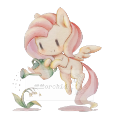 Size: 2000x2000 | Tagged: safe, artist:orchidlanlan738, fluttershy, pegasus, pony, g4, cute, female, flying, mare, plant, shyabetes, simple background, smiling, solo, traditional art, transparent background, watering