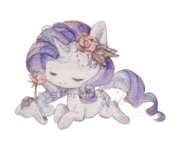 Size: 2253x2000 | Tagged: safe, artist:orchidlanlan738, rarity, pony, unicorn, g4, chibi, cute, eyes closed, female, horn, lying down, mare, prone, raribetes, simple background, smiling, solo, traditional art, transparent background