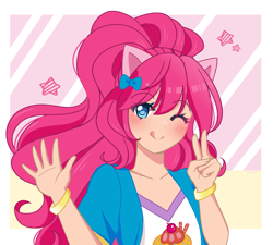 Size: 2965x2663 | Tagged: safe, artist:kittyrosie, kotobukiya, pinkie pie, human, g4, :p, ;p, anime style, blushing, bracelet, clothes, cute, diapinkes, eye clipping through hair, eyebrows, eyebrows visible through hair, female, heart, heart eyes, high res, humanized, jewelry, kotobukiya pinkie pie, looking at you, one eye closed, peace sign, ponied up, shirt, smiling, smiling at you, solo, t-shirt, tongue out, vest, waving, waving at you, wingding eyes, wink, winking at you