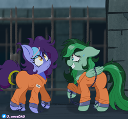 Size: 3300x3070 | Tagged: safe, artist:juniverse, oc, oc only, oc:eden shallowleaf, oc:juniverse, earth pony, pegasus, bound wings, chains, clothes, commissioner:rainbowdash69, curious, duo, duo female, female, jail, jumpsuit, nervous, nervous smile, never doubt rainbowdash69's involvement, prison, prison outfit, prisoner, ribbon, shackles, smiling, space pony, universe daughter, wings