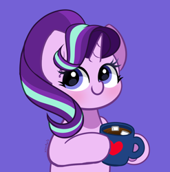 Size: 2024x2048 | Tagged: safe, artist:kittyrosie, starlight glimmer, pony, unicorn, g4, blushing, chocolate, cute, female, food, glimmerbetes, high res, horn, hot chocolate, looking at you, mare, marshmallow, mug, purple background, signature, simple background, smiling, smiling at you, solo