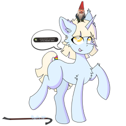 Size: 3072x3072 | Tagged: safe, artist:vinyvitz, oc, oc only, oc:aria taitava, gnome, unicorn, bipedal, cheek fluff, chest fluff, crowbar, ear fluff, female, fluffy, glitter, gnome chompski, half-life, half-life 2, heavy (tf2), horn, makeup, on head, raised hoof, raised hooves, raised leg, simple background, solo, speech bubble, tail, tail band, team fortress 2, transparent background, xbox