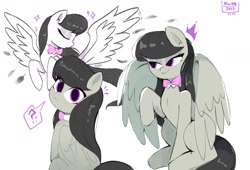 Size: 1992x1356 | Tagged: safe, artist:mar0x8, octavia melody, pegasus, pony, g4, alicorn wings, bowtie, emanata, exclamation point, female, folded wings, interrobang, looking at you, looking back, looking back at you, mare, necktie, octavia's bowtie, partially open wings, pegasus octavia, question mark, race swap, simple background, smiling, solo, spread wings, tail, white background, wings