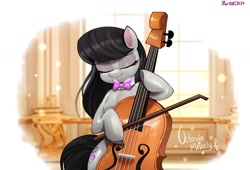 Size: 1992x1356 | Tagged: safe, artist:mar0x8, octavia melody, earth pony, pony, g4, bipedal, bow (instrument), bowtie, cello, eyes closed, female, hoof hold, mare, musical instrument, necktie, octavia's bowtie, smiling, solo, tail, treble clef, window