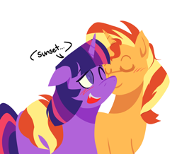 Size: 2250x1960 | Tagged: safe, artist:startrixfan, sunset shimmer, twilight sparkle, pony, unicorn, g4, blush scribble, blushing, colored pupils, dialogue, duo, duo female, embarrassed, female, floppy ears, heart, heart eyes, horn, lesbian, lineless, mare, nuzzling, one eye closed, open mouth, open smile, ship:sunsetsparkle, shipping, simple background, smiling, white background, wingding eyes