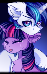 Size: 1728x2707 | Tagged: safe, artist:stesha, shining armor, twilight sparkle, pony, unicorn, g4, brother and sister, chest fluff, crying, duo, duo male and female, ear fluff, eyes closed, female, gradient background, horn, male, mare, open mouth, siblings, stallion, unicorn twilight, unshorn fetlocks