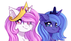 Size: 4500x2600 | Tagged: safe, artist:stesha, princess celestia, princess luna, alicorn, pony, g4, cheek fluff, chest fluff, crown, duo, duo female, ear fluff, female, high res, horn, jewelry, looking at you, mare, pink-mane celestia, regalia, royal sisters, siblings, simple background, sisters, smiling, smiling at you, transparent background