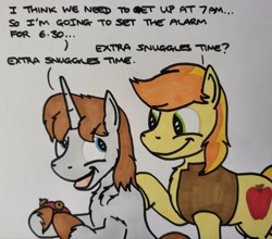 Size: 2048x1801 | Tagged: safe, artist:hoofclid, braeburn, oc, oc:hoofclid, earth pony, pony, unicorn, g4, canon x oc, chest fluff, dialogue, duo, duo male, gay, hatless, hoof on shoulder, horn, male, marker drawing, missing accessory, shipping, stallion, traditional art