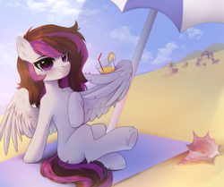 Size: 2388x2000 | Tagged: oc name needed, safe, artist:anku, oc, oc only, pegasus, pony, alcohol, beach, beach umbrella, cocktail, drink, drinking straw, female, food, high res, lemon, mare, outdoors, pegasus oc, sitting, solo, spread wings, tail, umbrella, underhoof, wings