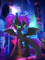 Size: 1500x2000 | Tagged: safe, artist:scheadar, oc, oc only, oc:bitwise operator, bat pony, pony, bat pony oc, bat wings, city, commission, cyberpunk, ear piercing, ear tufts, earring, fangs, jewelry, looking at you, outdoors, piercing, raised hoof, slit pupils, solo, spread wings, tail, wings