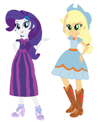 Size: 506x626 | Tagged: safe, artist:3d4d, artist:selenaede, applejack, rarity, human, equestria girls, g4, applebetes, applejack also dresses in style, base used, boots, clothes, commission, cute, cute dress, dress, duo, duo female, female, freckles, hand on hip, hat, high heels, open mouth, open smile, raribetes, shoes, simple background, smiling, white background