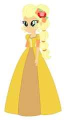 Size: 356x634 | Tagged: safe, artist:cheerful9, artist:selenaede, applejack, human, equestria girls, g4, alternate hairstyle, applebetes, applejack also dresses in style, base used, cute, female, flower, flower in hair, freckles, simple background, smiling, victorian dress, white background