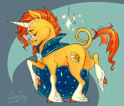 Size: 1447x1238 | Tagged: safe, artist:emptygoldstudio, sunburst, classical unicorn, pony, unicorn, g4, cape, cloak, clothes, cloven hooves, colored horn, eyes closed, horn, leonine tail, male, signature, solo, sparkles, stallion, standing on two hooves, sunburst's cloak, tail, unshorn fetlocks