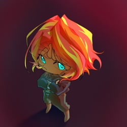 Size: 1080x1080 | Tagged: safe, alternate version, artist:zhonghuageziqiu, sunset shimmer, human, equestria girls, g4, chibi, crossed arms, frown, glowing, glowing eyes, gradient background, solo