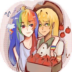 Size: 1080x1080 | Tagged: safe, artist:xinjinjumin522225991353, applejack, rainbow dash, human, g4, abstract background, apple, box, food, humanized, smiling