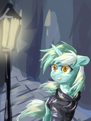 Size: 1600x2133 | Tagged: safe, artist:chiling-cui, lyra heartstrings, pony, unicorn, fanfic:background pony, g4, clothes, female, hoodie, horn, mare, solo, streetlight