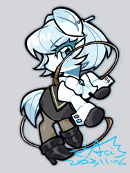 Size: 883x1177 | Tagged: safe, artist:hedgehog29271, earth pony, pony, ace attorney, clothes, female, franziska von karma, gray background, mare, mouth hold, ponified, simple background, skirt, solo, whip