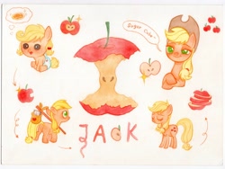 Size: 4314x3236 | Tagged: safe, artist:miss-aciturn, applejack, earth pony, pony, g4, apple, applejack is best facemaker, baby, babyjack, female, filly, filly applejack, foal, food, mare, simple background, solo, speech bubble, teenage applejack, teenager, text, traditional art, white background, younger