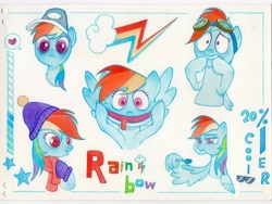 Size: 4256x3192 | Tagged: safe, artist:miss-aciturn, rainbow dash, pegasus, pony, g4, clothes, female, hat, heart, mare, open mouth, rainbow dash is best facemaker, scarf, simple background, speech bubble, spoon, sunglasses, text, tongue out, traditional art, white background, wing hold, wings, winter hat