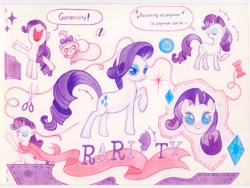 Size: 4096x3072 | Tagged: safe, artist:miss-aciturn, opalescence, rarity, pony, unicorn, g4, button, clothes, exclamation point, eyes closed, female, horn, mare, open mouth, scarf, scissors, sewing needle, smiling, speech bubble, text, traditional art