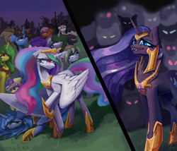 Size: 3500x3000 | Tagged: safe, artist:anastas, idw, part of a set, bon bon, doctor whooves, larry, nightmare rarity, princess celestia, princess luna, shadowfright, sweetie drops, time turner, oc, oc:amethyst dawn, oc:dusty soil, oc:hriv, oc:langweilig freitag, oc:minerva, oc:sagitta, oc:tenebris cornu, alicorn, pony, unicorn, series:ask nightmare rarity, g4, spoiler:comic, armor, ask, comic, crying, ethereal mane, eyeshadow, fangs, female, folded wings, horn, jewelry, makeup, mare, mlp art ask (ru), nightmarified, open mouth, peytral, regalia, slit pupils, speech bubble, starry mane, sternocleidomastoid, wings