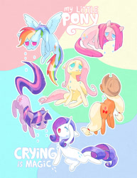 Size: 927x1200 | Tagged: safe, artist:fleebites, applejack, fluttershy, pinkie pie, rainbow dash, rarity, twilight sparkle, earth pony, pegasus, pony, unicorn, g4, applejack's hat, cowboy hat, crying, female, flying, hat, mane six, mare, pinkamena diane pie, sitting, unicorn twilight