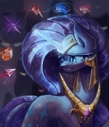 Size: 3000x3500 | Tagged: safe, artist:anastas, part of a set, nightmare rarity, pony, unicorn, series:ask nightmare rarity, g4, armor, ask, blue eyes, comic, digital art, element of generosity, element of honesty, element of kindness, element of laughter, element of loyalty, element of magic, elements of harmony, ethereal mane, eyelashes, eyeshadow, fangs, female, flowing mane, gem, glowing, glowing horn, helmet, high res, horn, jewelry, lidded eyes, looking at you, magic, magic aura, makeup, mare, mlp art ask (ru), night, nightmarified, open mouth, open smile, peytral, purple mane, regalia, slit pupils, smiling, solo, sparkles, speech bubble, starry mane, stars, sternocleidomastoid, teeth, walking, wingding eyes