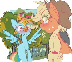 Size: 924x791 | Tagged: safe, artist:appledash3r_, applejack, rainbow dash, earth pony, pegasus, pony, g4, apple orchard, applejack's hat, blush lines, blushing, colored eyelashes, colored sketch, cowboy hat, duo, emanata, female, flower, flower in hair, flustered, grass, green eyelashes, hat, lesbian, looking at each other, looking at someone, magenta eyelashes, orchard, outdoors, ponytail, ship:appledash, shipping, sketch, spread wings, tied mane, tree, wings