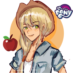 Size: 750x750 | Tagged: safe, artist:xinjinjumin522225991353, applejack, human, g4, applejack's hat, cowboy hat, freckles, hat, humanized, open mouth, open smile, simple background, smiling, white background