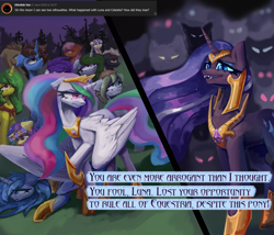 Size: 3500x3000 | Tagged: safe, alternate version, artist:anastas, part of a set, bon bon, doctor whooves, larry, nightmare rarity, princess celestia, princess luna, shadowfright, sweetie drops, time turner, oc, oc:amethyst dawn, oc:dusty soil, oc:hriv, oc:langweilig freitag, oc:minerva, oc:sagitta, oc:tenebris cornu, alicorn, pony, unicorn, series:ask nightmare rarity, g4, spoiler:comic, armor, ask, comic, crying, english, ethereal mane, eyeshadow, fangs, female, folded wings, horn, jewelry, makeup, mare, mlp art ask (ru), nightmarified, open mouth, peytral, regalia, slit pupils, speech bubble, starry mane, sternocleidomastoid, text, translation, wings