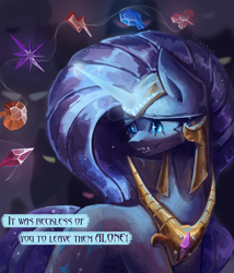 Size: 3000x3500 | Tagged: safe, alternate version, artist:anastas, part of a set, nightmare rarity, pony, unicorn, series:ask nightmare rarity, g4, armor, ask, blue eyes, comic, digital art, element of generosity, element of honesty, element of kindness, element of laughter, element of loyalty, element of magic, elements of harmony, english, ethereal mane, eyelashes, eyeshadow, fangs, female, flowing mane, gem, glowing, glowing horn, helmet, high res, horn, jewelry, lidded eyes, looking at you, magic, magic aura, makeup, mare, mlp art ask (ru), night, nightmarified, open mouth, open smile, peytral, purple mane, regalia, slit pupils, smiling, solo, sparkles, speech bubble, starry mane, stars, sternocleidomastoid, teeth, text, translation, walking, wingding eyes