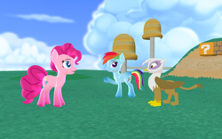 Size: 1920x1200 | Tagged: safe, artist:puzzlshield2, gilda, pinkie pie, rainbow dash, earth pony, griffon, pegasus, pony, g4, griffon the brush off, season 1, 3d, female, mmd, recreation, scene interpretation, super mario 3d world