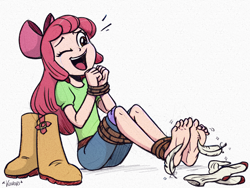 Size: 4000x3000 | Tagged: safe, artist:chaoskomori, color edit, edit, editor:overlord 2, apple bloom, human, equestria girls, g4, ankle tied, apple family, barefoot, bondage, boots, bound wrists, emanata, feet, fetish, foot fetish, human coloration, humanized, laughing, light skin, light skin edit, one eye closed, open mouth, open smile, shoes, skin color edit, smiling, solo, tickling, tied up